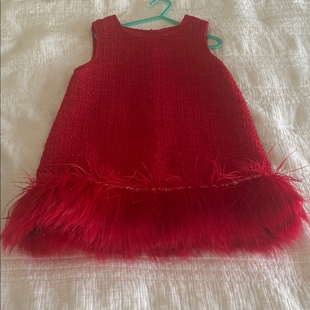 Red Sleeveless Dress with Feather Trim